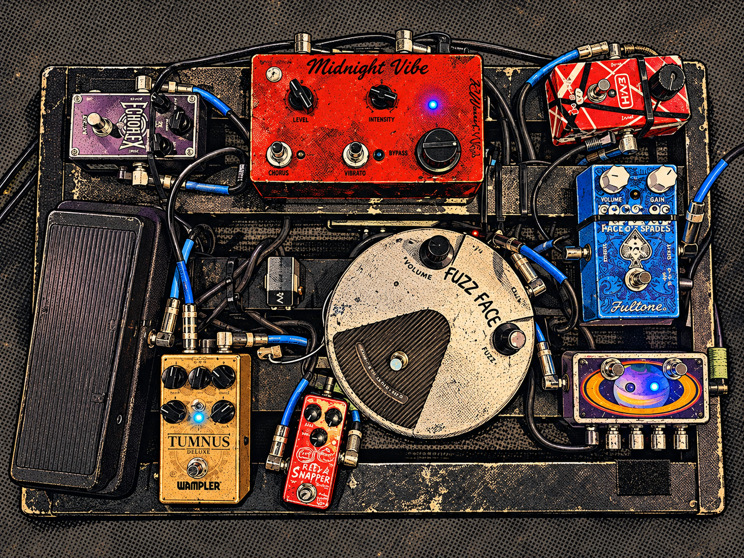 Leroy Powell’s pedalboard with a large worn Fuzz Face in the center, a Midnight Vibe, overdrives, other effects pedals, and blue instrument cables